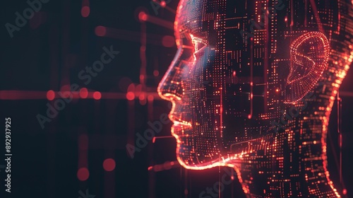 Futuristic AI Computer Head with Glowing Lines and Data Profile