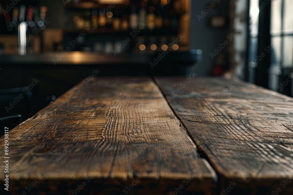 Closeup of a textured wooden table with a blurred background of a warm, inviting bar atmosphere Closeup of a textured wooden table with a blurred background of a warm, inviting bar atmosphere