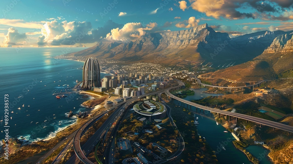 Fototapeta premium A futuristic cityscape with modern architecture, mountains, and expansive coastal highways lit by the setting sun, portraying progress, beauty, and innovation.
