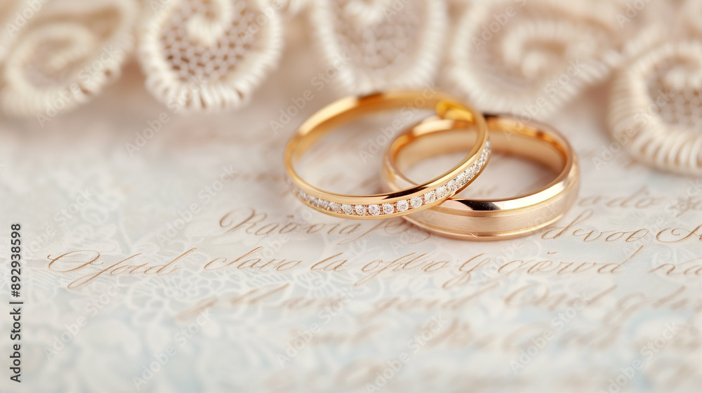 Elegant Wedding Rings Featuring Gold Jewelry with Sparkling Diamonds on a Soft Lace Background. Perfect for Celebrating Love and Commitment Elegant Wedding Rings Featuring Gold Jewelry with Sparkling Diamonds on a Soft Lace Background. Perfect for Celebrating Love and Commitment
