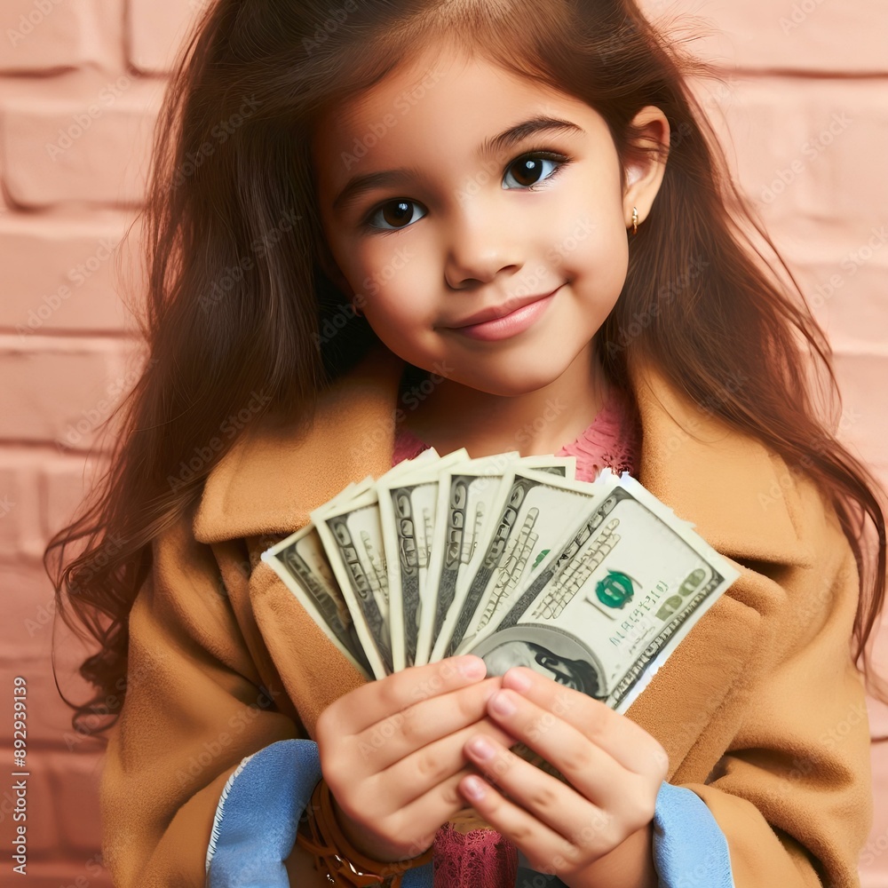 Small cheerful girl holding cash in hands Small cheerful girl holding cash in hands