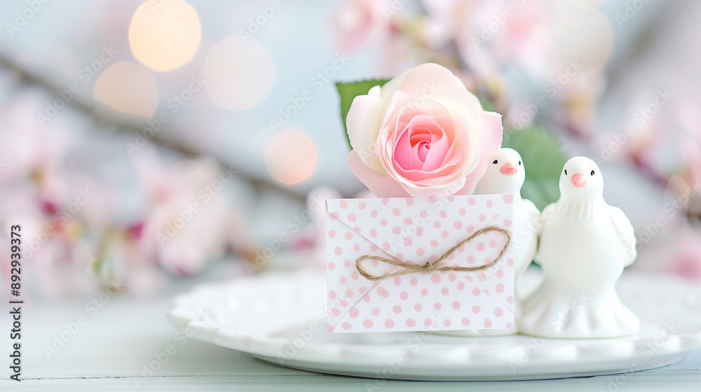 Rose Flower Arrangement with Greeting Card and Decorative Figurines. A Soft Floral Display Perfect for Celebrations and Special Occasions Rose Flower Arrangement with Greeting Card and Decorative Figurines. A Soft Floral Display Perfect for Celebrations and Special Occasions