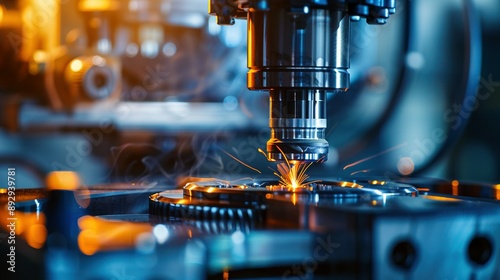 CNC Cutting Process: Injection Mold Part Milling Machine Working with Blue Light Toning