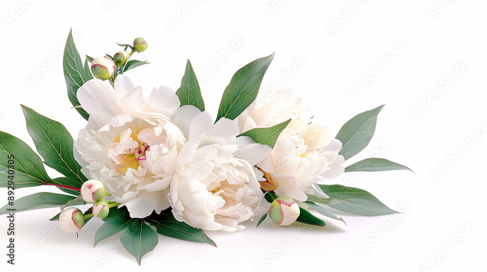 Peonies and Flowers Arrangement. Beautiful White Peonies with Green Leaves Delicate Floral Design and Fresh Blooms for Elegant Decor. Stylish Nature Inspiration