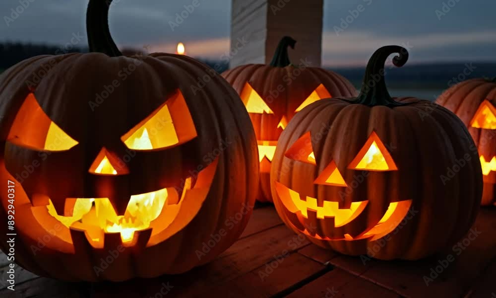 Three pumpkins with scary faces are lit up and placed on a wooden table. Scene is spooky and festive, as the pumpkins are a common symbol of Halloween 4K Video Three pumpkins with scary faces are lit up and placed on a wooden table. Scene is spooky and festive, as the pumpkins are a common symbol of Halloween 4K Video
