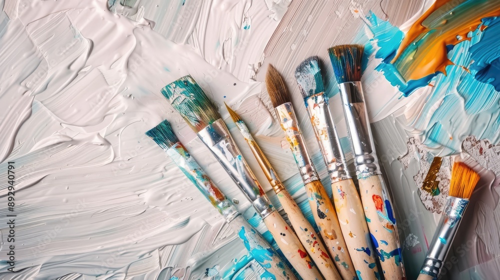 Fototapeta premium Art Supplies Paintbrushes on White Background