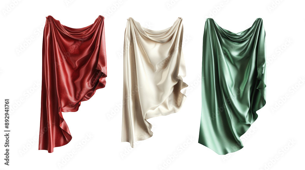 Collection Of Mixed Decorative Fabric Banners Green Red And White For Event Advertising And Marketing isolated on transparent background. Generative ai Collection Of Mixed Decorative Fabric Banners Green Red And White For Event Advertising And Marketing isolated on transparent background. Generative ai