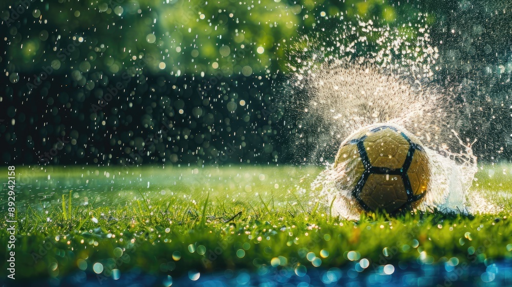 Soccer ball splashing water on wet grass during rain Soccer ball splashing water on wet grass during rain