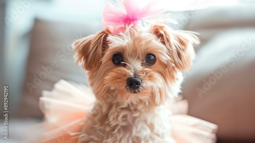 A cute Yorkshire Terrier dog wearing a pink bow and a pink and white tutu. The dog is sitting on a white background and looking at the camera. © Farm
