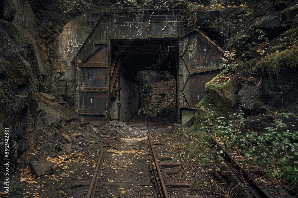 Mysterious old railway tunnel entrance surrounded by rocks and lush greenery, evoking a sense of decay and nature reclaim Mysterious old railway tunnel entrance surrounded by rocks and lush greenery, evoking a sense of decay and nature reclaim