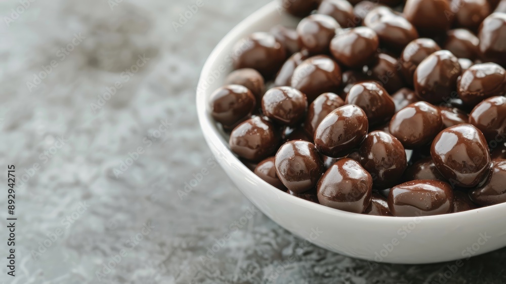 Shiny, chocolate-coated nuts in white ceramic bowl Shiny, chocolate-coated nuts in white ceramic bowl