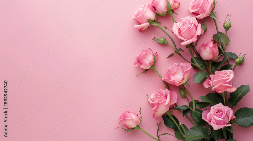 A beautiful arrangement of pink roses with delicate petals on a pink background A beautiful arrangement of pink roses with delicate petals on a pink background