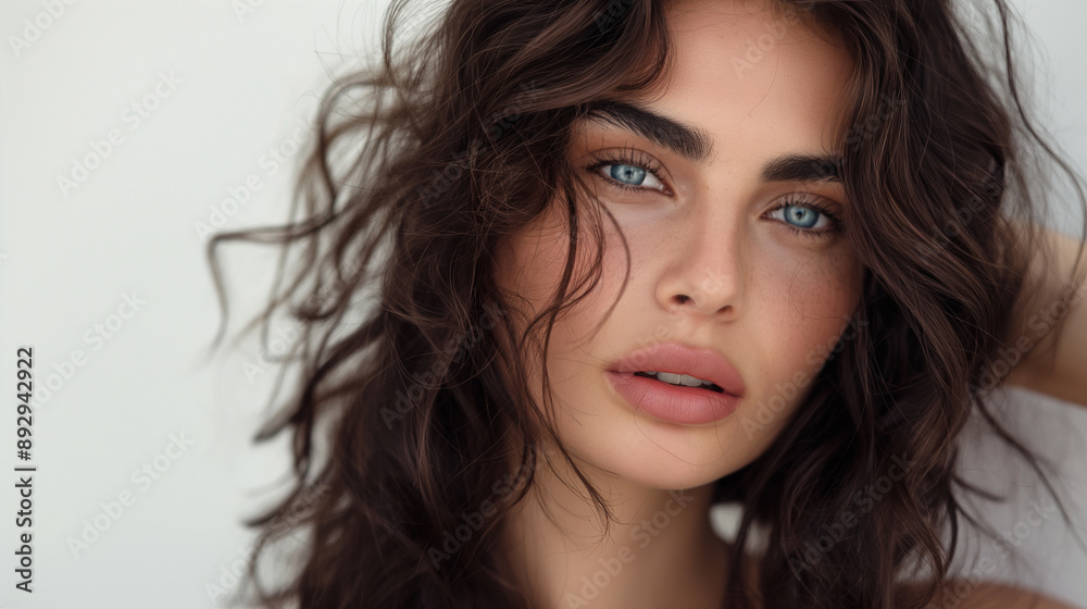 Close-up portrait of woman with curly hair, white background, natural beauty, soft lighting, serene expression, professional photography, high-quality image, elegant look, studio shot