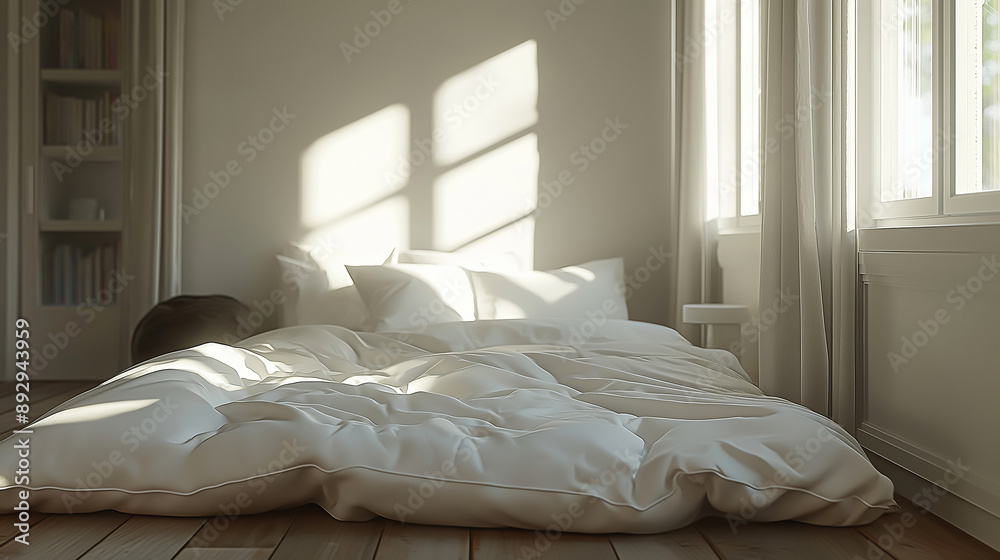a simplistic bedroom, white sheets, no clutter a simplistic bedroom, white sheets, no clutter
