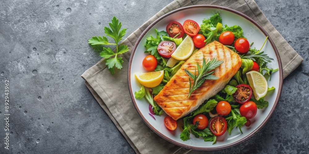 Grilled salmon fish fillet and vegetables with salad on a plate, top view, salmon, fish, fillet, grilled, vegetables, salad Grilled salmon fish fillet and vegetables with salad on a plate, top view, salmon, fish, fillet, grilled, vegetables, salad