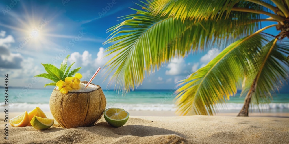 Obraz premium Tropical coconut cocktail on sandy beach with palm trees in background, beverage, tropical, coconut, cocktail, beach