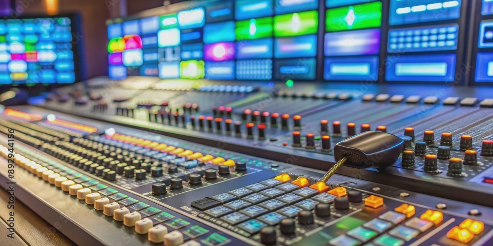 Close-up view of a video mixer in a tv station, video mixer, broadcast, television, technology, equipment Close-up view of a video mixer in a tv station, video mixer, broadcast, television, technology, equipment