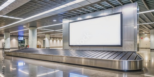 A giant blank billboard in a bustling airport baggage claim area, Advertisement, empty, display, indoors