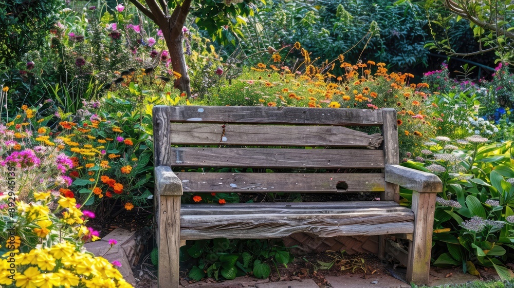 Weathered wooden bench in vibrant, lush garden full of colorful flowers and greenery Weathered wooden bench in vibrant, lush garden full of colorful flowers and greenery