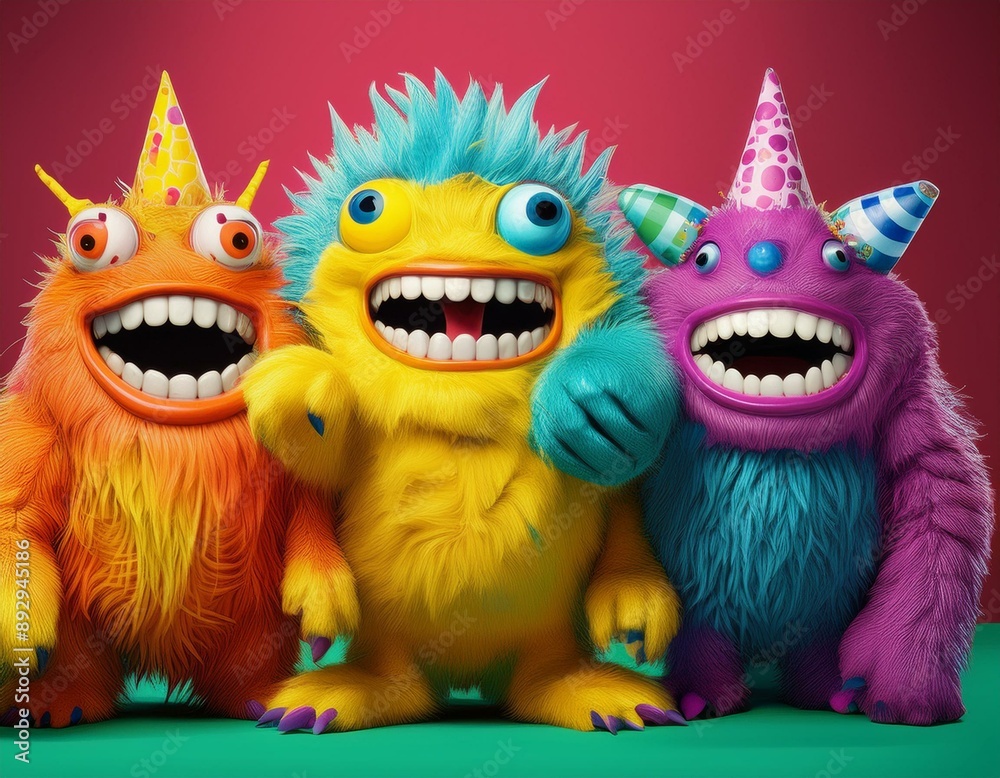 Three monsters with big teeth and party hats are smiling at the camera Three monsters with big teeth and party hats are smiling at the camera