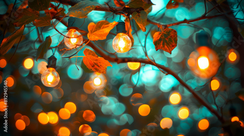 Glowing string lights with autumn leaves in the evening.