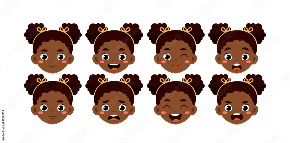 Fototapeta premium African girl heads set. Schoolgirl with different emotions. Pack of characters with various feelings. Design elements for creating animations. Flat vector collection isolated on white background