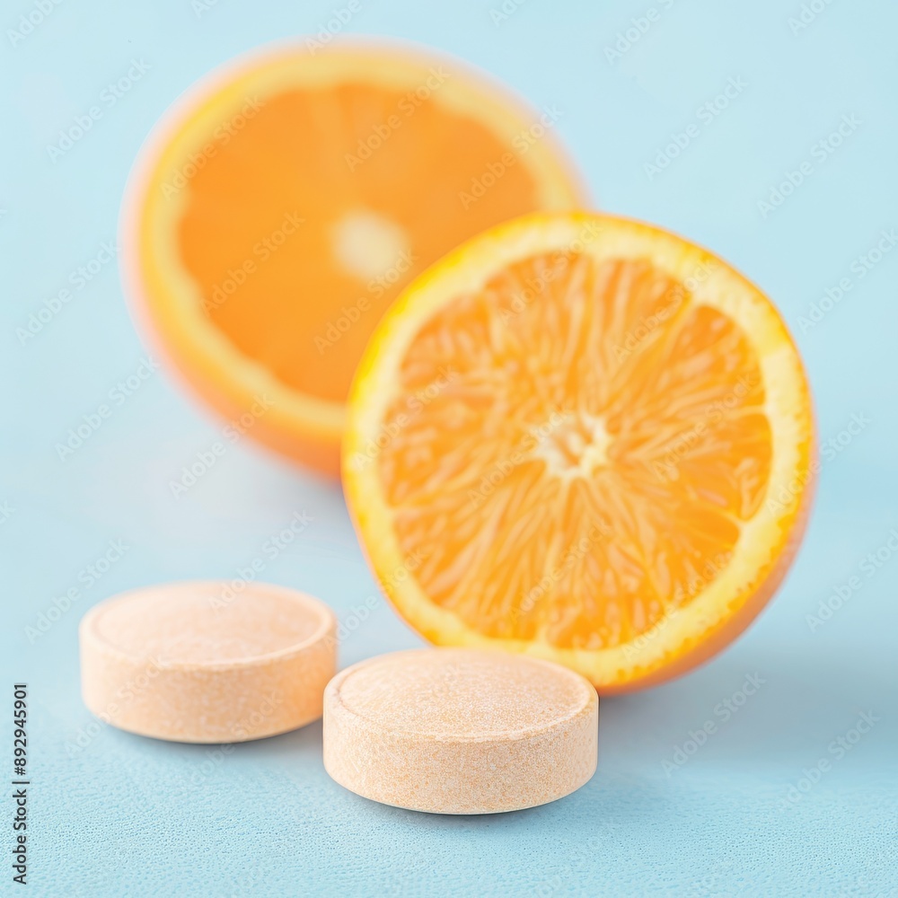 Fototapeta premium Essential Vitamin C Tablets with Fresh Oranges for Immune Boost Supplement Ingredients