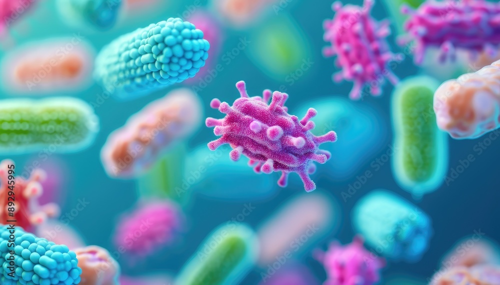 Naklejka premium Macro Shot of Harmful Bacteria, Food Poisoning and Microbial Contamination Concept