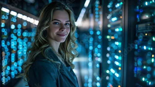 Confident Young Female IT Engineer Posing in Modern Server Room 