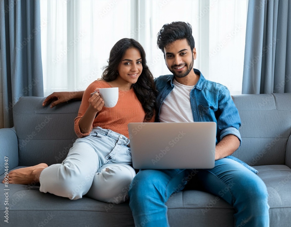 A man and woman are sitting on a couch, with the man holding a cup