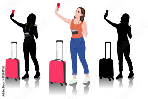 Young woman tourist with camera and smartphone taking selfie. Girl in casual clothes with a suitcase. Female traveler goes on a journey. Vector illustration isolated on white