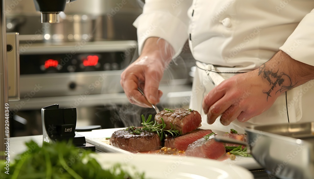 Chef Arranging Steaks in a Professional Kitchen Chef Arranging Steaks in a Professional Kitchen