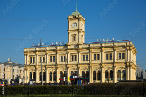 View from Komsomolskaya Square of oldest Moscow Leningradsky railway terminal. Large letters on facade - inscription Leningradsky railway station. photo