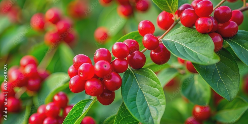 Close-up of ripe red berries of forest honeysuckle , forest, honeysuckle, berries, red, ripe, close-up, vibrant, natural, nature Close-up of ripe red berries of forest honeysuckle , forest, honeysuckle, berries, red, ripe, close-up, vibrant, natural, nature