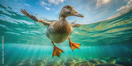 Underwater view of duck's webbed feet paddling gracefully on surface, duck, webbed feet, underwater, perspective, wildlife, aquatic photo