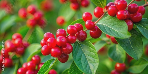 Close-up of ripe red berries of forest honeysuckle , forest, honeysuckle, berries, red, ripe, close-up, vibrant, natural, nature
