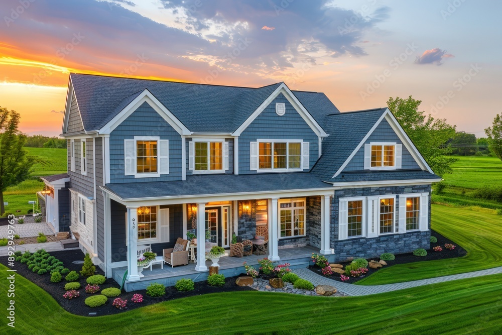 Sunset drone shot of a luxury home with a large porch, grey cladding, blue stone walls, white shutters, and beautiful landscaping, surrounded by green grass. Sunset drone shot of a luxury home with a large porch, grey cladding, blue stone walls, white shutters, and beautiful landscaping, surrounded by green grass.
