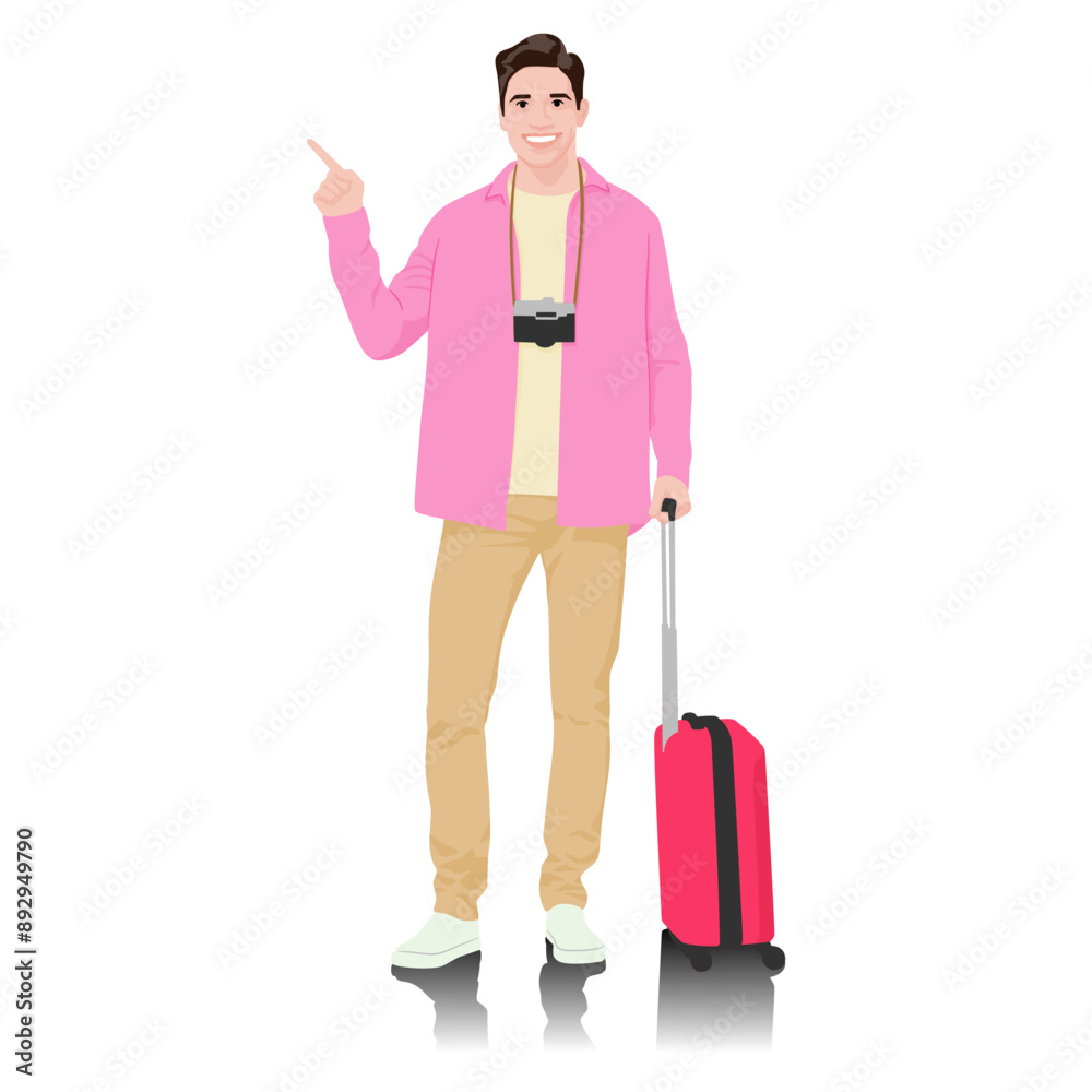 Young man tourist pointing his finger to the side. Male in casual clothes with a suitcase. Young male traveler goes on a journey. Vector illustration isolated on white Young man tourist pointing his finger to the side. Male in casual clothes with a suitcase. Young male traveler goes on a journey. Vector illustration isolated on white