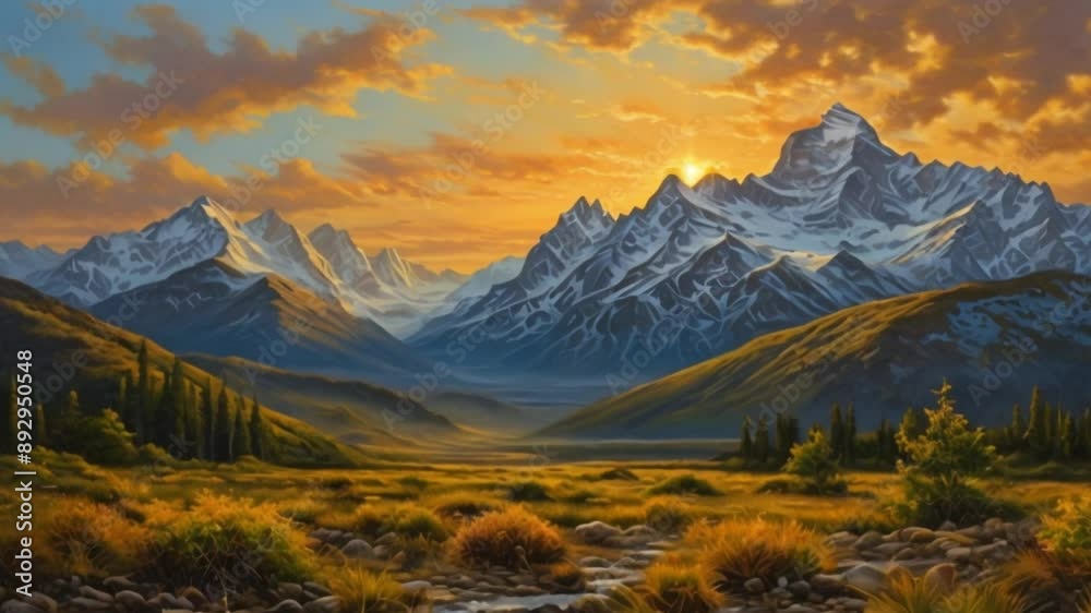 A mountain range soaring towards the sky. Each snowy peak glistens in the sunset, casting a glow over the rugged cliffs and valleys below. The painting shows the rock and plants in the area A mountain range soaring towards the sky. Each snowy peak glistens in the sunset, casting a glow over the rugged cliffs and valleys below. The painting shows the rock and plants in the area