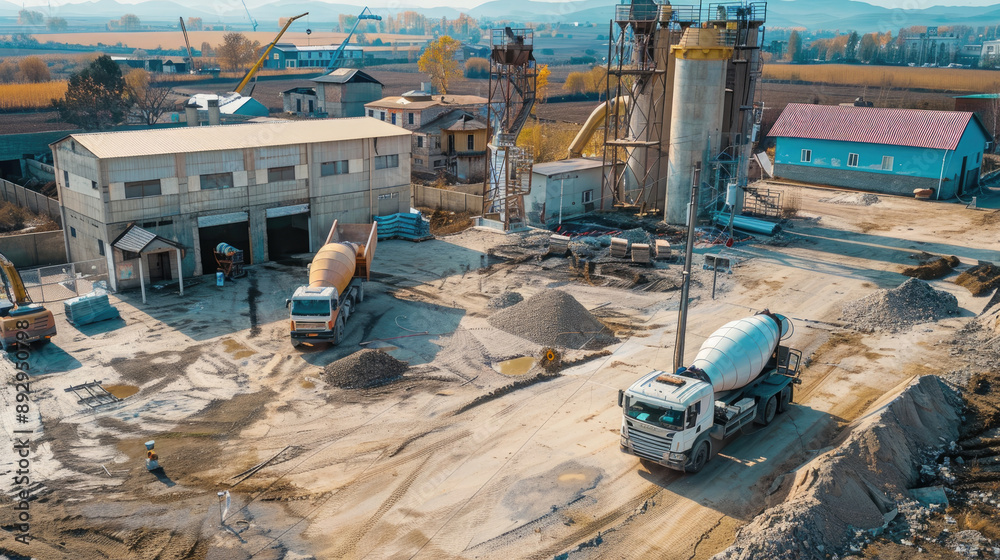 Aerial view concrete plant with a mixer truck Aerial view concrete plant with a mixer truck