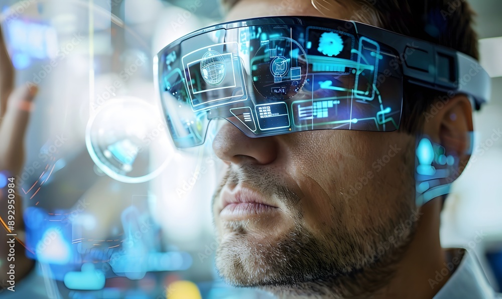 Man Using Futuristic Virtual Reality Glasses Man Using Futuristic Virtual Reality Glasses