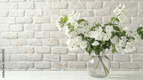 Jasmine bouquet in glass vase by indoor white brick wall