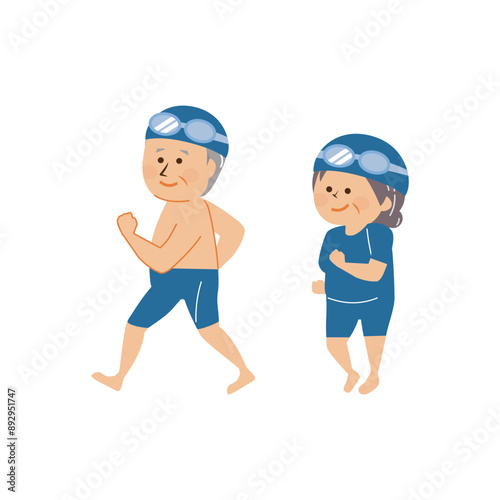 水着を着て歩くシニアカップルのイラスト