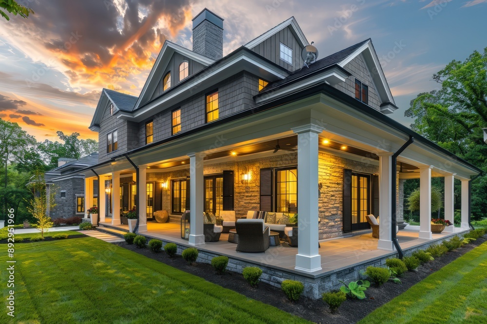 Wide-angle shot of a luxury single-family home with a large porch, grey shingle cladding, white stone walls, black shutters, lush landscaping, green grass, and trees at sunset.
