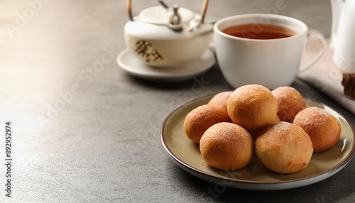 delicious dough balls and tea on grey table closeup