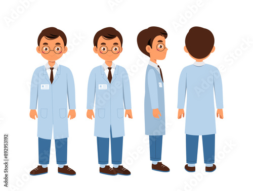 Male doctor set. Adult in medical uniform. Pack of characters in different viewing angles. Design elements for creating animations, customization. Health care worker. Flat vector collection