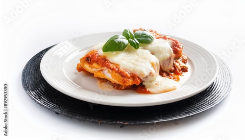 delicious chicken parmigiana on plate white background