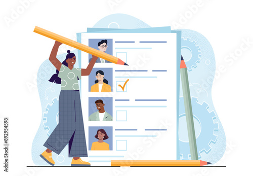 Woman with election. Young girl with large pencil selects candidate. Freedom of choice and democracy, referendum. Voting for politician. Flat vector illustration isolated on white background