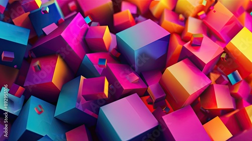 A vibrant 3D background featuring colorful geometric shapes and dynamic lighting effects
