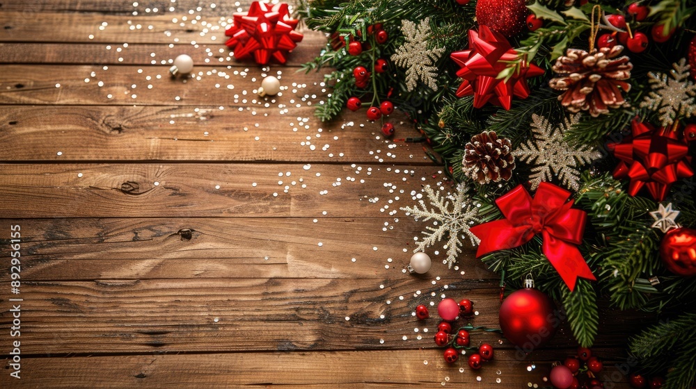 Decorated Natural Christmas Tree with Red Bows Beads and White Snowflakes on Wooden Boards with Copy Space
